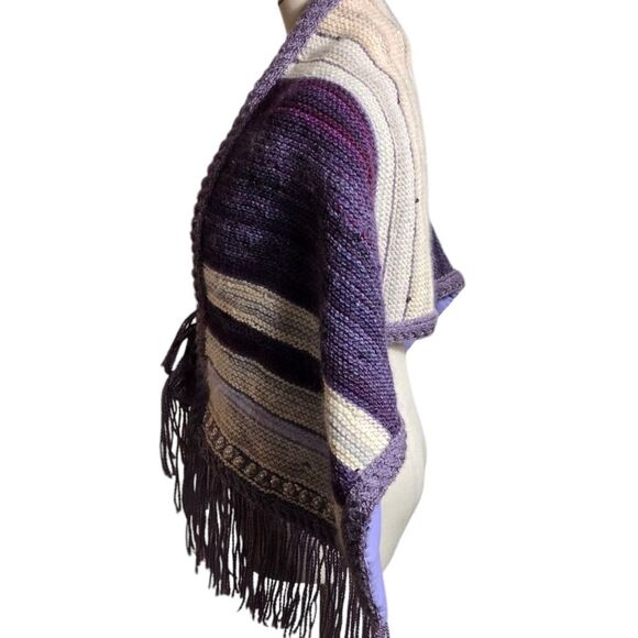 Purple and Cream Striped Hand Knit Shawl with Fringe And Embellishments - Picture 6 of 6